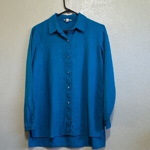 Eileen Fisher Blue Button-Up Shirt Women Sz XXS Organic Linen Sustanable Fabric
